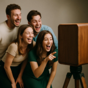 Fotokabine mieten - Vier lachende Menschen stehen vor einer Vintage-Fotobox aus dunklem Holz und haben Spaß beim Fotografieren.