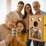 Wie funktioniert eine Fotobox: Oma und Enkelin halten lachend einen frisch gedruckten Foto-Streifen aus der Lachbox in der Hand, im Hintergrund die Familie — drei Generationen bei der Lachbox in Plauen